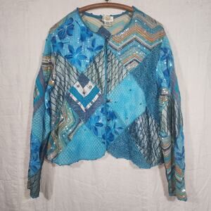 SANDY SYARKMAN 1X Blue Mermaid Sequin Crochet Sweater